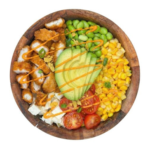 Poké bowl Crispy Tok Tok met crispy kip, avocado, mais en edamame