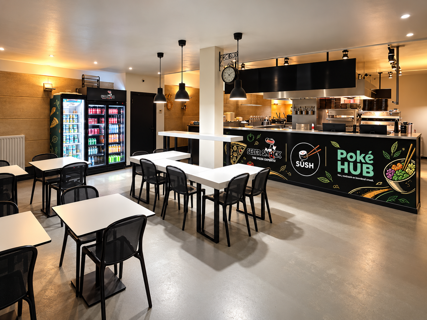 De eetzaal van Poké Hub met witte tafels, zwarte stoelen en de toonbank op de achtergrond