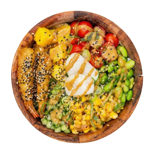 Poké bowl Tempura Explosion met tempura garnaal, mango, mais en komkommer